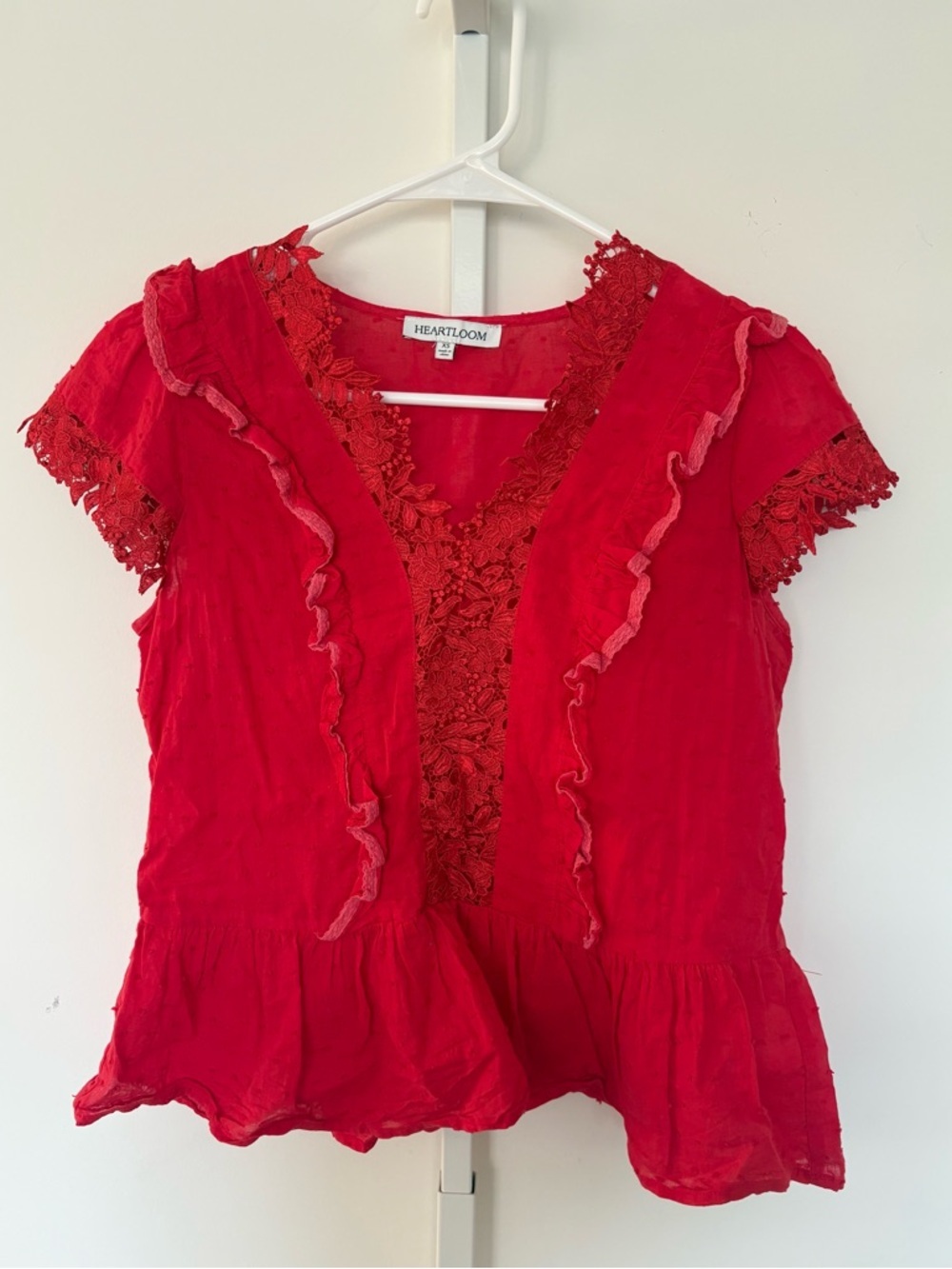 Heartloom Red Lace Ruffle Top XS Cotton V-Neck Peplum Blouse